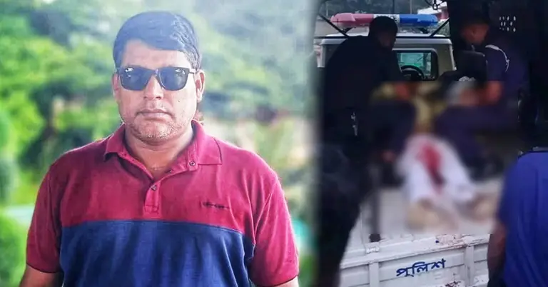 গুলিতে নিহত মোহাম্মদ আলমগীর ও পুলিশ ভ্যানে তার মরদেহ